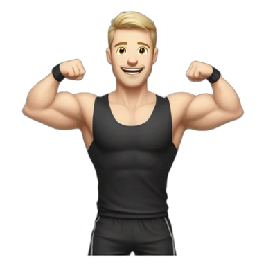 Joyful Celebrating victory Pale skinned Fit Man With the biceps and dark brown hair in black shirt, gray sports shorts and white Sneakers sticker