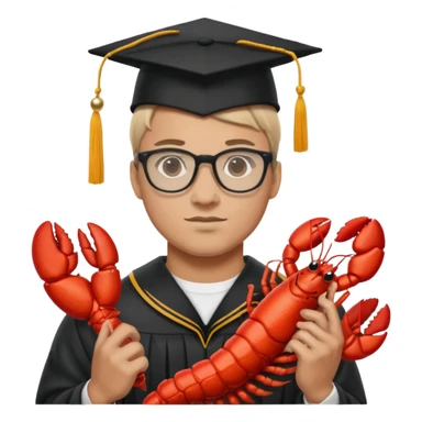 wrestler wearing glasses, holding a lobster, wearing an Ohio State graduation cap sticker