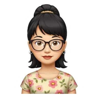 filipino woman black hair in one pony tail with straight bangs and big glasses, 60 yr old, nice dress

 sticker