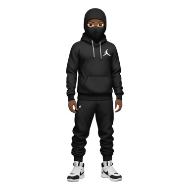 a Black individual wearing a ski mask or balaclava. Pose the Black individual standing like a 'YN', wearing black Nike tech pants sagging and Air Jordan 4 Retro White Tgunders. Keep the hood up and style realistic. Remove the background. The style should be realistic and detailed. sticker