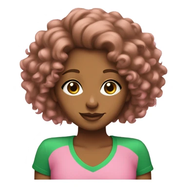 Brown girl with curly hair wearing pink t shirt with green letters that read “AKA”   sticker