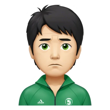Seong Gi-hun : age 60, A tall, slim man with messy, unkempt black hair and tired eyes, showing signs of stress, Green player tracksuit,  sticker