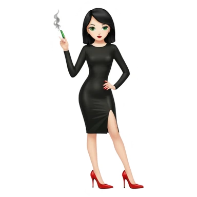 🕵🏻‍♀️💦🧥 black hair , green eyes , full body , red high heels , black latex dress , 🖕🏻🚬 sticker