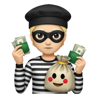 Realistic ios emoji-style portrait of a classic burglar, a black eye mask and a black-and-white striped shirt. emoji-like hair, black hat, a bag of money 💰 with a dollar sign in a right corner, evil expression  sticker