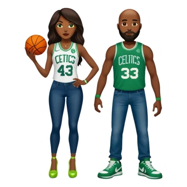48-year-old dark skin black woman with brown eyes, long dark brown hair dressed in sexy 
celtics jersey costume outfit wearing stilettos. A bald white man with orange beard and has blue/green  eyes, wearing a Jason Tatum Boston Celtics Jersey, jeans & green Nike sneakers  sticker