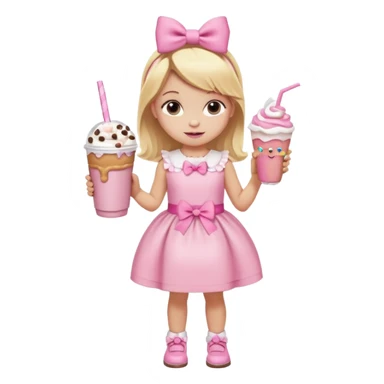 A little girl with a Dunkin' milkshake and a donut with pink frosting and marshmallows, wearing a pink coquette-style dress with bows and blonde hair. sticker