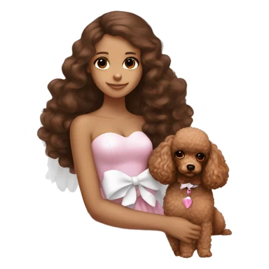 Brunette girl with long brown blowout hair and brown eyes, with large angel wings and a white bow in a strapless dress , holding a toy brown poodle with a pink bow sticker