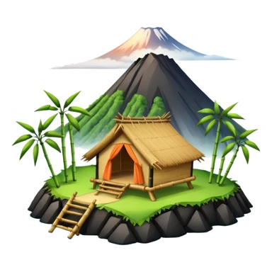 bamboo hut with volcano in the back in Volcano Island  sticker