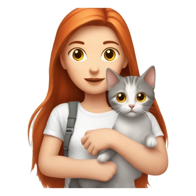 A red-haired girl in a white T-shirt is holding a gray kitten in her hands sticker