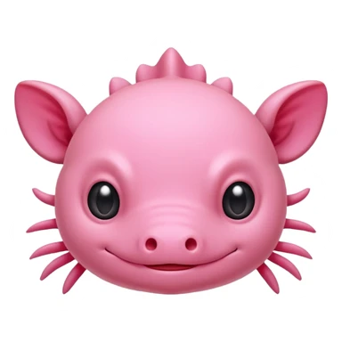 Cartoon pink axolotl face emoji, front view, flat wide head, external gills on both sides, big round eyes, small mouth, no snout, vector style, flat colors, transparent background. sticker