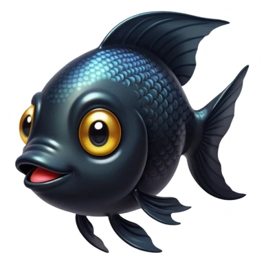 Cinematic Cute Black Goldfish Portrait Emoji, Head tilted playfully and inquisitively, featuring a glossy, deep black body with shimmering scales and round, sparkling golden eyes filled with curiosity, Simplified yet irresistibly adorable features, highly detailed, glowing with a warm, friendly glow, high shine, affectionate and lively, stylized with a touch of whimsy, bright and endearing, soft glowing outline, capturing the essence of a mischievous yet loving goldfish, so playful it feels like it could swim out of the screen and into your heart! sticker