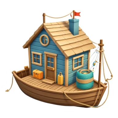 
cute fisherman house, small wooden seaside cabin, fishing nets, fishing boat sign, rope details, warm sunlight, coastal vibe, 3D cartoon, mobile game icon style, soft shadows, clean background, no text, no watermark
 sticker
