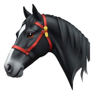a black horse with a white stripe on its nose and red strands in the hryvnia sticker