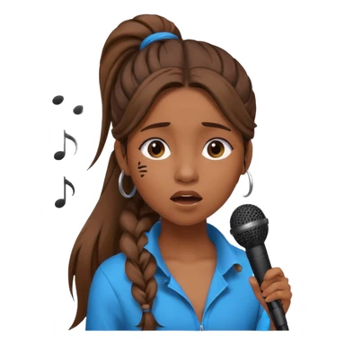 Brown skin girl with a long ponytail singing into a microphone looking sad with music notes coming out sticker