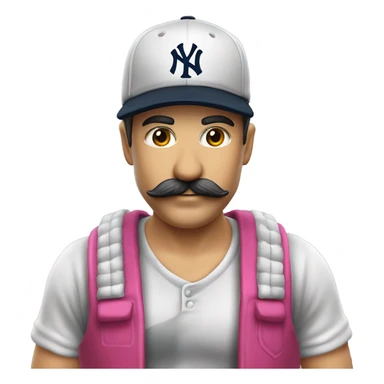 Homme blanc / viril / cheveux courts noir / moustache / casquette noir yankees noir / avec une bière / t-shirt rose sticker