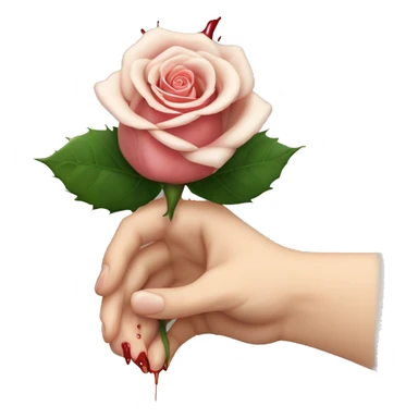 An image of a hand holding a rose, with a thorn piercing the skin, showing a small drop of blood sticker