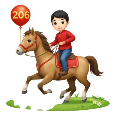 l little chinese boy riding on a  cute horse running on the grass with 2026 year label sticker