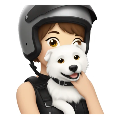Girl biker white skin and brown short hair with a agv black helmet hugging a white Samoyed sticker