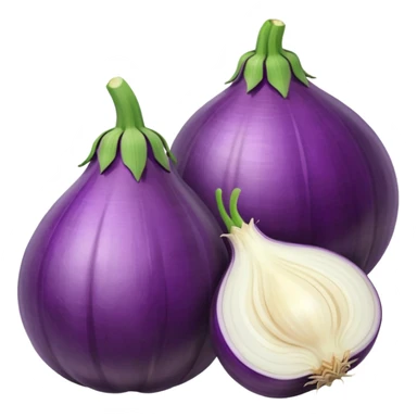 Eggplant beside onion and garlic sticker