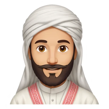 Saudi man emoji style, prominent beard, sharp facial features, white thobe, red shemagh, smiling warmly sticker