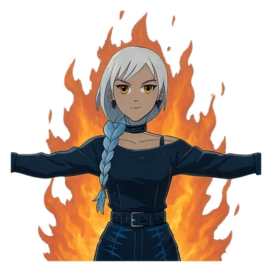  young woman with gold yellow eyes, white hair, long braid, black off-shoulder top, punk gothic style, futuristic cyberwave cyberpunk,, she is calmly t-posing in front of a raging fire sticker
