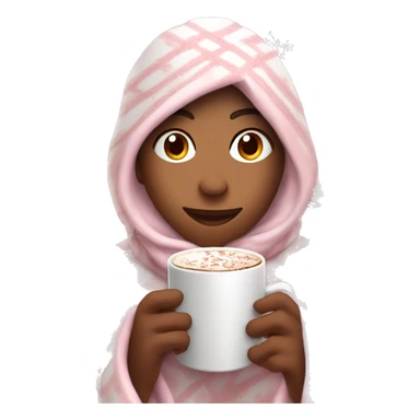 person wrapped in a cozy white snowflake pattern blanket whilst holding a steaming hot chocolate, light pink themed sticker
