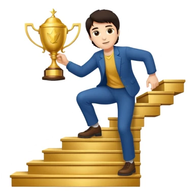 A man with fair skin and dark hair is climbing stairs to grab a trophy on the top step. sticker