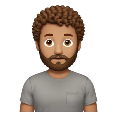 Curly-haired nightingale, with brown hair, a thick beard and a suvata to match the color of the hair on his head, large build, but not fat in a gray T-shirt, chest shot, IOS memoji style sticker