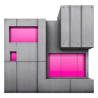Minimalist concrete building with one window glowing bright pink, brutalist architecture sticker
