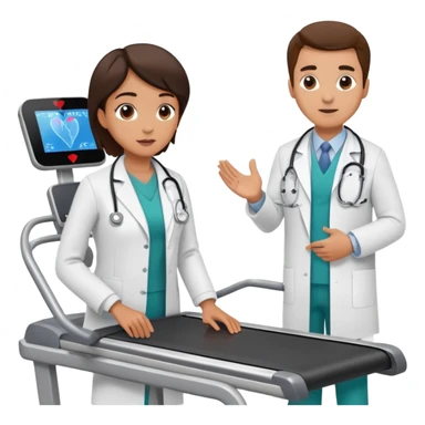 patient on a treadmill with a heart monitor, and a doctor standing nearby supervising, not running sticker