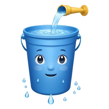 blue bucket of water with a visible leak, water dripping out sticker