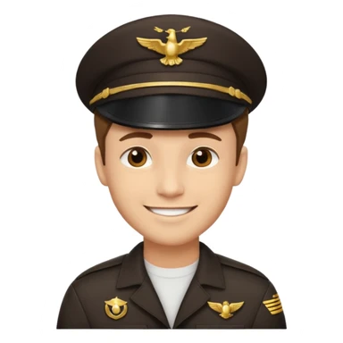 A light-skinned man with short brown hair, brown eyes, and a cheerful smile, wearing a dark pilot cap with a gold emblem. sticker
