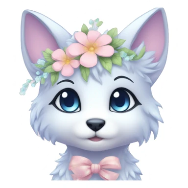 Anthro Cute Cool Blushing Pastel Innocent Shy Kawaii gorgeous sparkly ethereal fantasy animal creature with blue eyes furry sona with flowers and ribbons beautiful aesthetic sticker