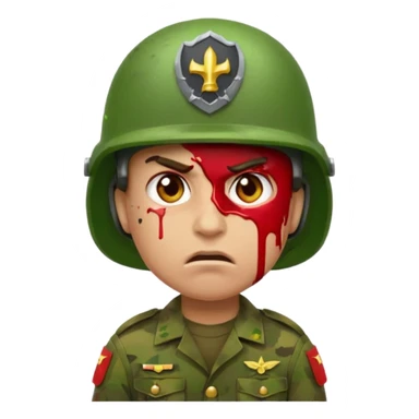 scowling soldier emoji with red skin tone, blood splatter on left cheek, wearing green helmet and military uniform, facing slightly left, 2d apple emoji style sticker