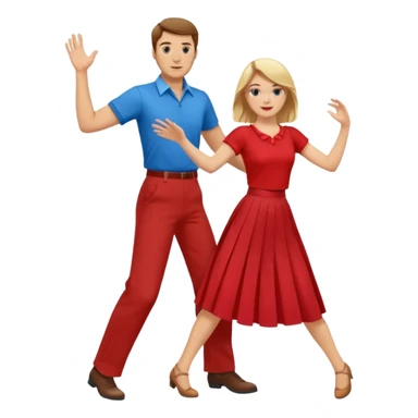 Two people. Man in red shirt and  red pants with brown hair. Women in blue shirt and long skirt with blond hair. Swing Dancing sticker