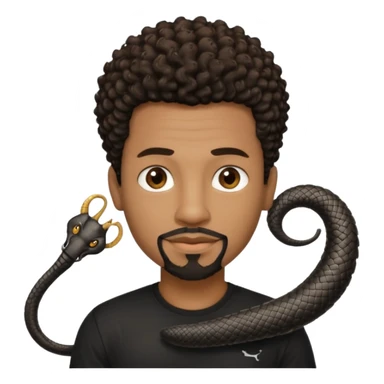 Homme noir, yeux marron avec un bouc sans la moustache, cheveux noir court et bouclé crépus avec un dégradé sur le côté, avec un cobra à côté , t-shirt noir  sticker