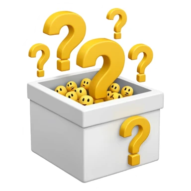 white cube shaped box over stuffed with yellow question marks sticker