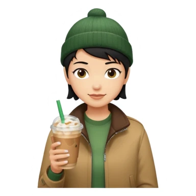 tan skin, non binary person with pixie cut black hair, wearing brown jacket and dark green beanie, shy smile , holding single iced coffee  sticker