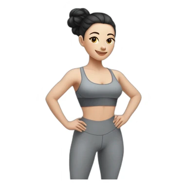 Pale skinned fit woman In a gray tight yoga suit and wristbands With black hair in a bun doing yoga sticker