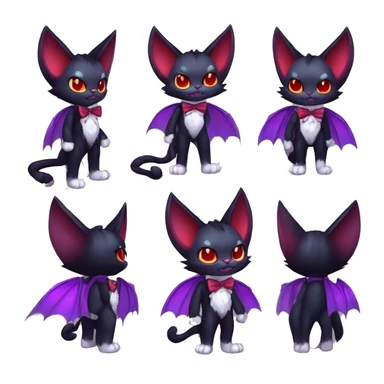 Cute-Evil-Vampiric-Batty-Cat-Black-Purple-Red-White-Contrast-Colors-Fantasy-Fur-Sona-Chibi-Shiny-Fakémon-Hybrid with horns and big fangs neck bow tie leg spats full body sticker