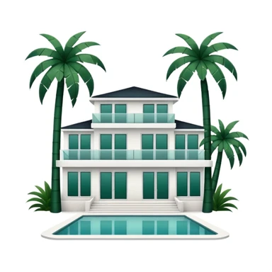white modern villa with dark green palm trees around, minimalism, no emojis or faces, white background sticker