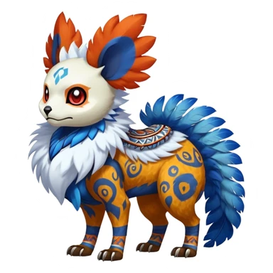Furry cute colorful exotic tribal feral anime-styled Fakémon-Pokémon-animal-creature with a white skull-face, and blue feathers around neck, with long furry ears, long furry tail, 4 legs, (full body), with intricate pattern-markings sticker