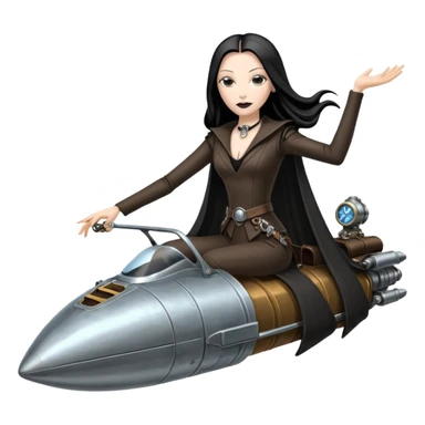 Jedi teen Morticia Addams flying a chrome accented Jumpspeeder anti-gravity repulsorlift powered by an imperial speeder steampunk  sticker