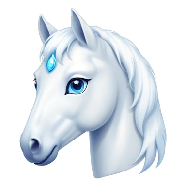 Cinematic Cute White Horse Portrait Emoji, Head tilted playfully and inquisitively, showcasing a glossy white fur with a luminous sheen and gentle, expressive blue eyes, Simplified yet irresistibly adorable features, highly detailed, glowing with a warm, friendly glow, high shine, affectionate and spirited, stylized with a touch of whimsy, bright and endearing, soft glowing outline, capturing the essence of a mischievous yet loving horse, so playful it feels like it could prance out of the screen and into your arms! sticker