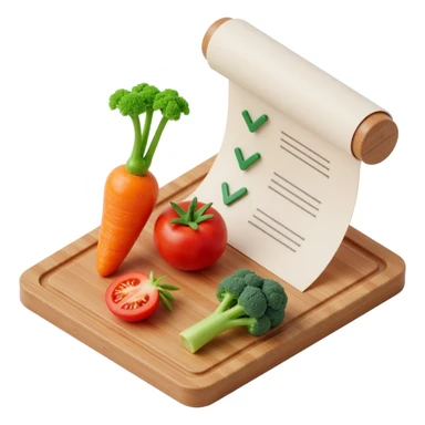carrot tomato brocoli on the wooden cutting board with floating rolled paper list with green checkboxes sticker