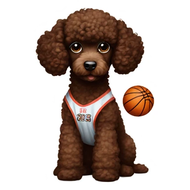 Chocolate brown poodle puppy wearing a basketball jersey sticker
