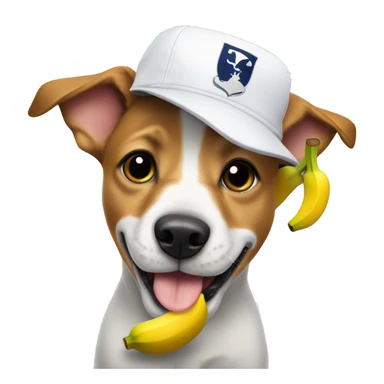 Cute dog eating a banana with a Tottenham hotspur cap on sticker