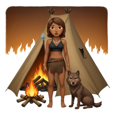 a NEANDERTHAL WOMAN WITH BROWN HAIR STANDING BY A FIRE AND TENT WITH BLACK WOLF HALTER TOP sticker