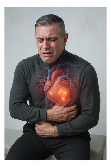 a middle-aged man sits on a bench, clutching his chest with a pained expression. His face is pale and sweaty, and his posture is hunched forward. A transparent overlay reveals his heart and major blood vessels, with highlighted areas indicating blockages or damage. The background is clean and clinical, with subtle medical icons. sticker