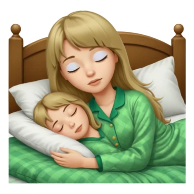 Young woman with long dark blond hair and a bang sleeping in bed  with green pyjama sticker